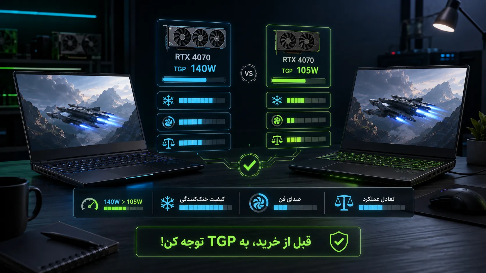 مقایسه دو لپ تاپ با کارت گرافیک RTX و TGP متفاوت هنگام خرید