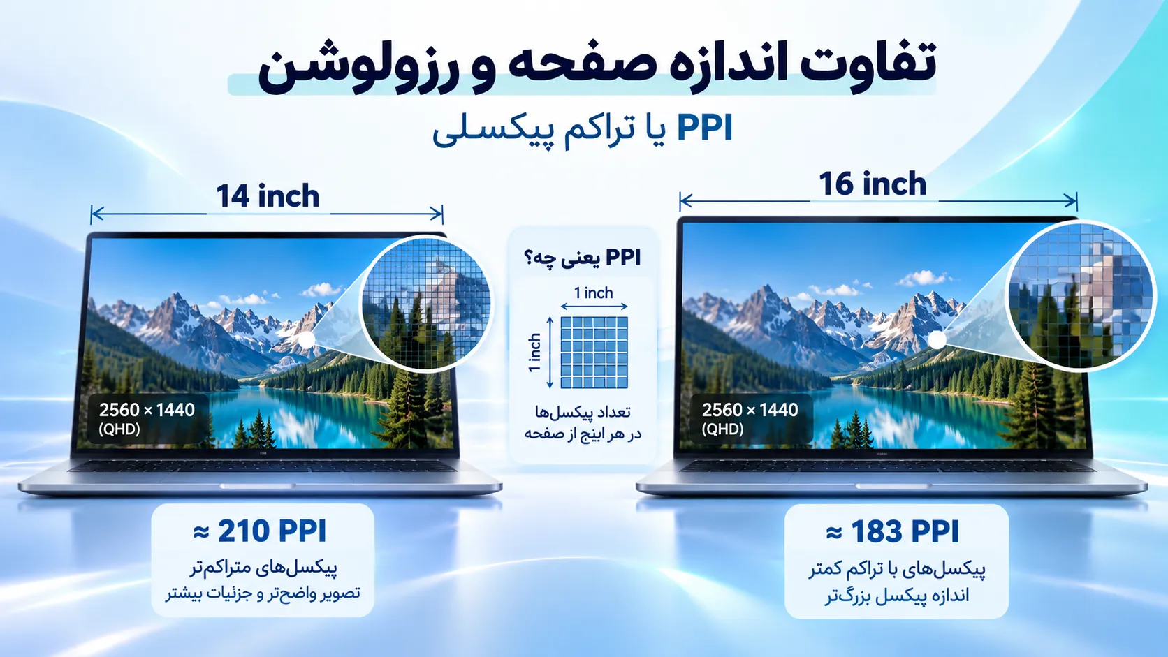 - تفاوت اندازه صفحه نمایش لپ تاپ و تراکم پیکسلی PPI